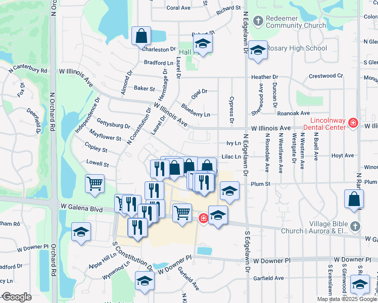 map of restaurants, bars, coffee shops, grocery stores, and more near 1921 Ivy Lane in Aurora