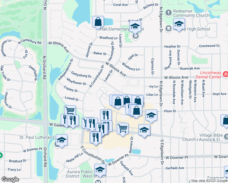 map of restaurants, bars, coffee shops, grocery stores, and more near 2080 Lilac Lane in Aurora