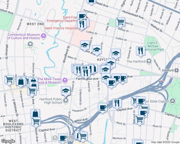 map of restaurants, bars, coffee shops, grocery stores, and more near 352 Laurel Street in Hartford