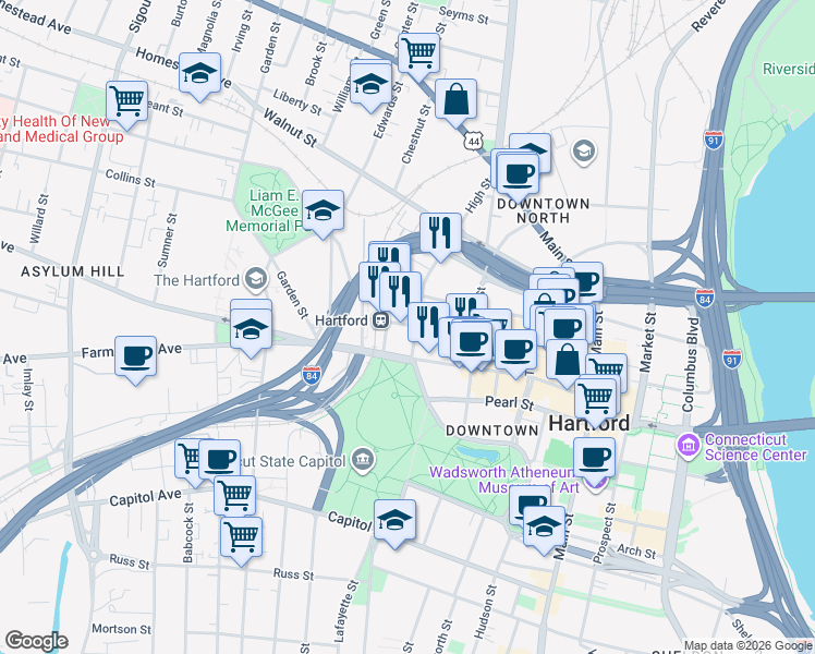 map of restaurants, bars, coffee shops, grocery stores, and more near 179 Allyn Street in Hartford