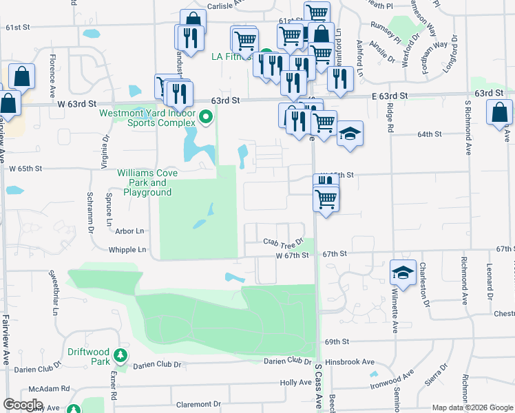 map of restaurants, bars, coffee shops, grocery stores, and more near 112 West 66th Street in Westmont