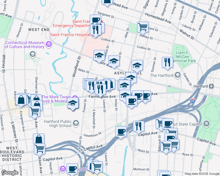 map of restaurants, bars, coffee shops, grocery stores, and more near 41 Niles Street in Hartford