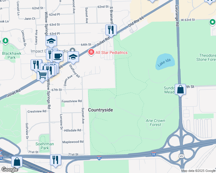 map of restaurants, bars, coffee shops, grocery stores, and more near 6700 South Brainard Avenue in Countryside