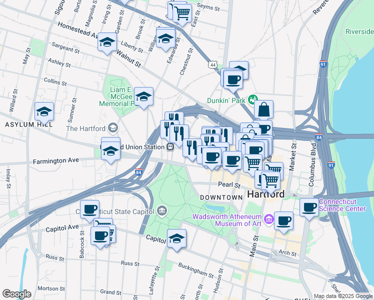 map of restaurants, bars, coffee shops, grocery stores, and more near in Hartford