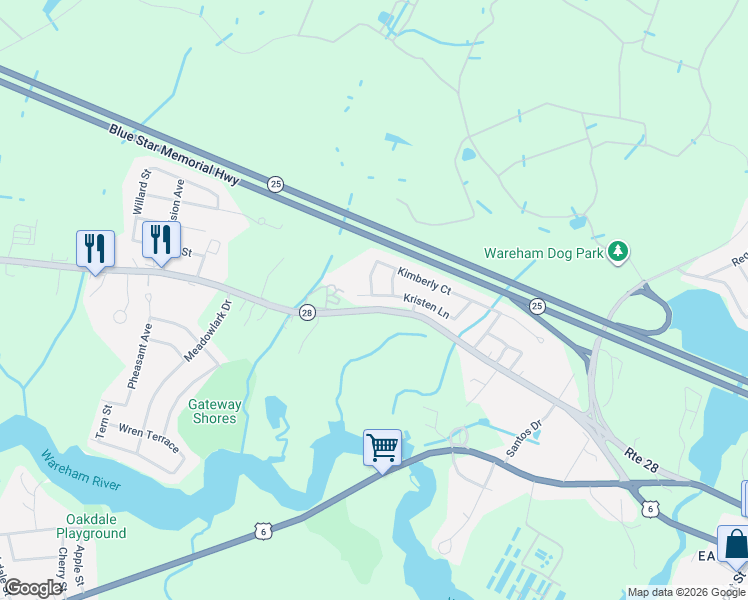 map of restaurants, bars, coffee shops, grocery stores, and more near 13 Jeffries Path in Wareham