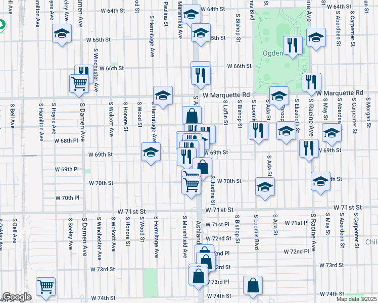 map of restaurants, bars, coffee shops, grocery stores, and more near 6849 South Marshfield Avenue in Chicago