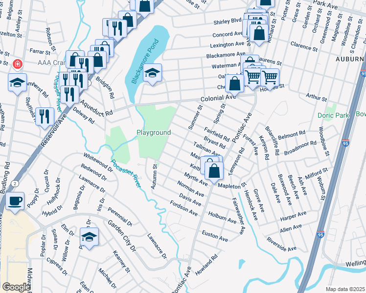 map of restaurants, bars, coffee shops, grocery stores, and more near 104 Tallman Avenue in Cranston