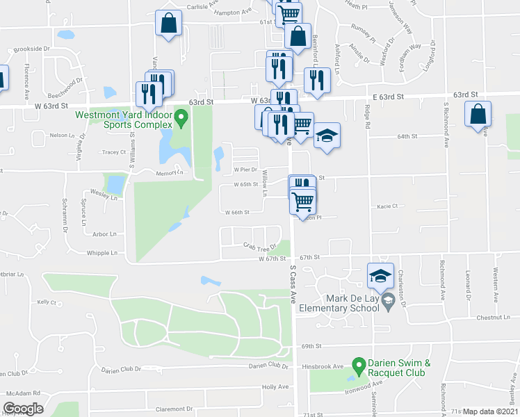 map of restaurants, bars, coffee shops, grocery stores, and more near 1444 Willow Lane in Westmont