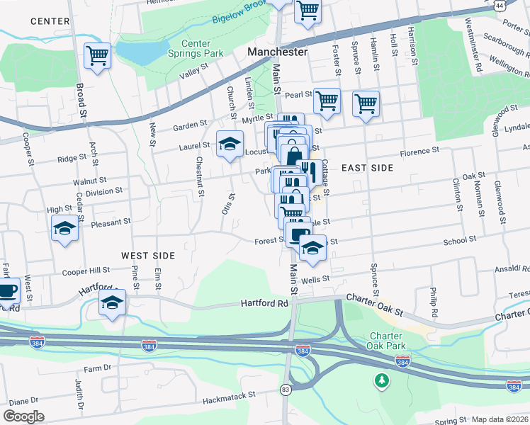 map of restaurants, bars, coffee shops, grocery stores, and more near 17 Garden Drive in Manchester