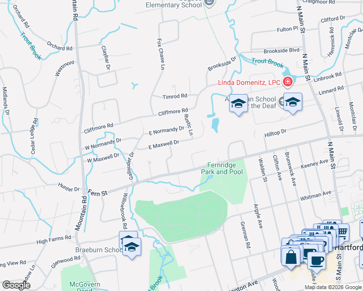 map of restaurants, bars, coffee shops, grocery stores, and more near 48 East Maxwell Drive in West Hartford