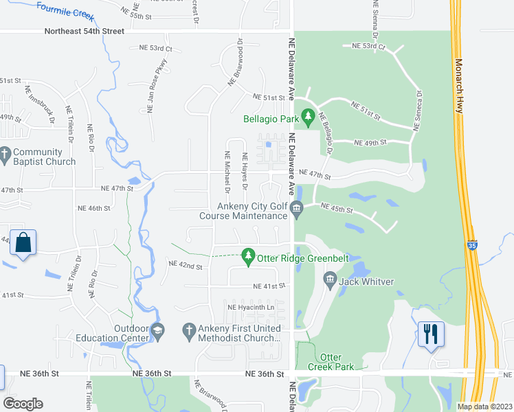 map of restaurants, bars, coffee shops, grocery stores, and more near 4508 Northeast Milligan Lane in Ankeny