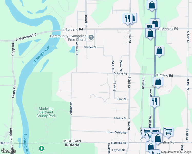 map of restaurants, bars, coffee shops, grocery stores, and more near 142 Ontario Road in Niles