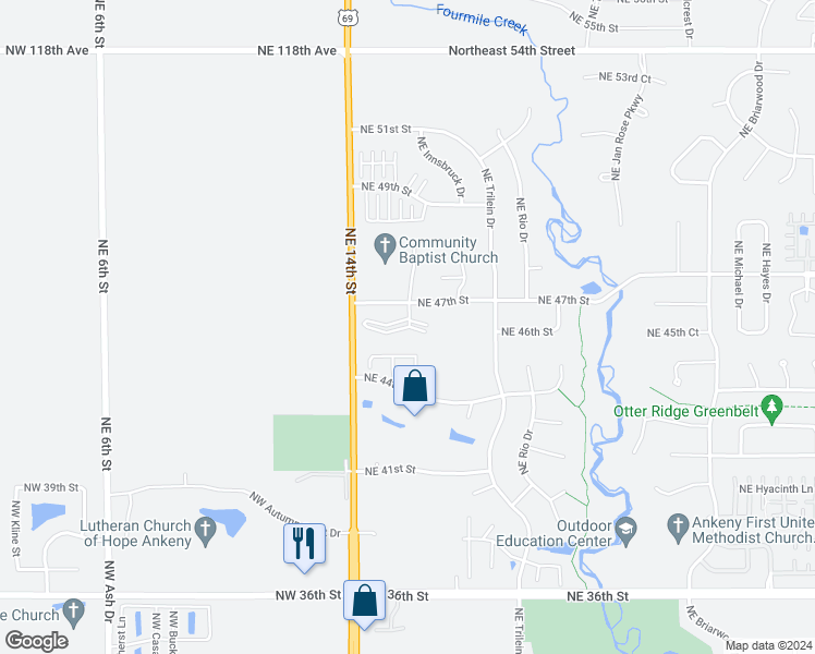 map of restaurants, bars, coffee shops, grocery stores, and more near 116 Northeast 46th Lane in Ankeny