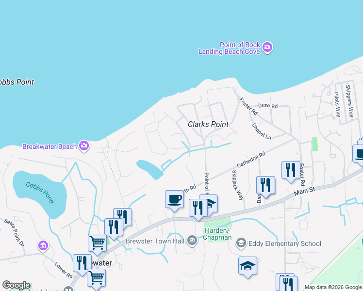 map of restaurants, bars, coffee shops, grocery stores, and more near 56 Pilgrim Pines Lane in Brewster