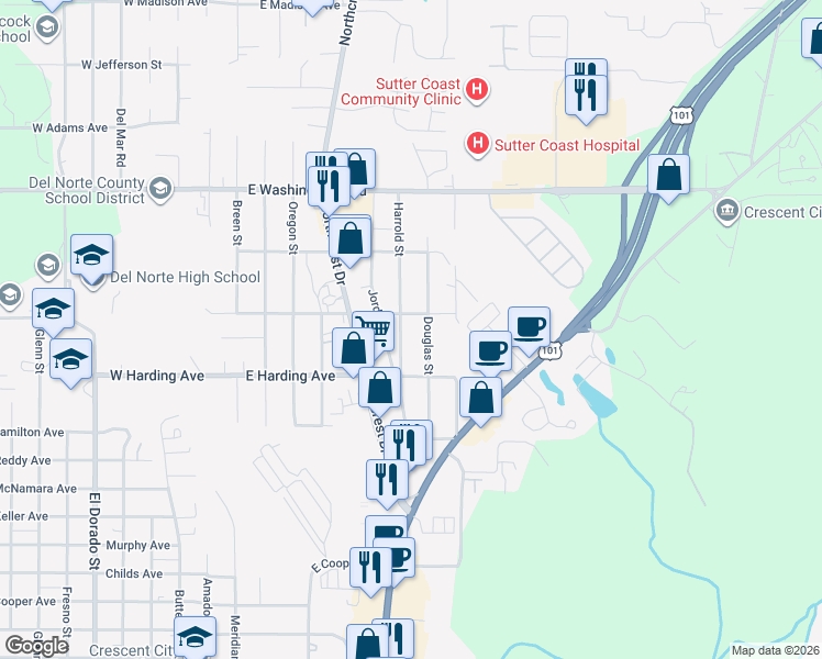 map of restaurants, bars, coffee shops, grocery stores, and more near 609 East Coolidge Avenue in Crescent City
