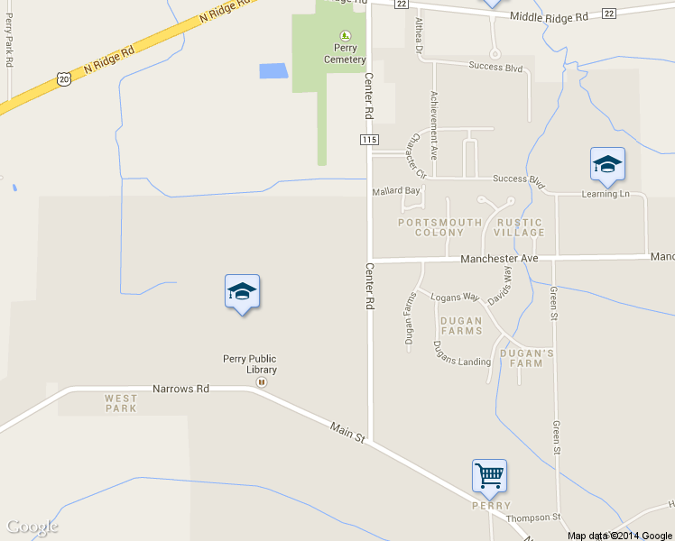 map of restaurants, bars, coffee shops, grocery stores, and more near 3800 Center Road in Perry