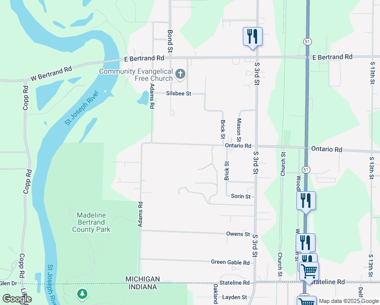 map of restaurants, bars, coffee shops, grocery stores, and more near 142 Ontario Road in Niles