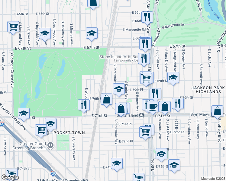 map of restaurants, bars, coffee shops, grocery stores, and more near 6925 South Dorchester Avenue in Chicago