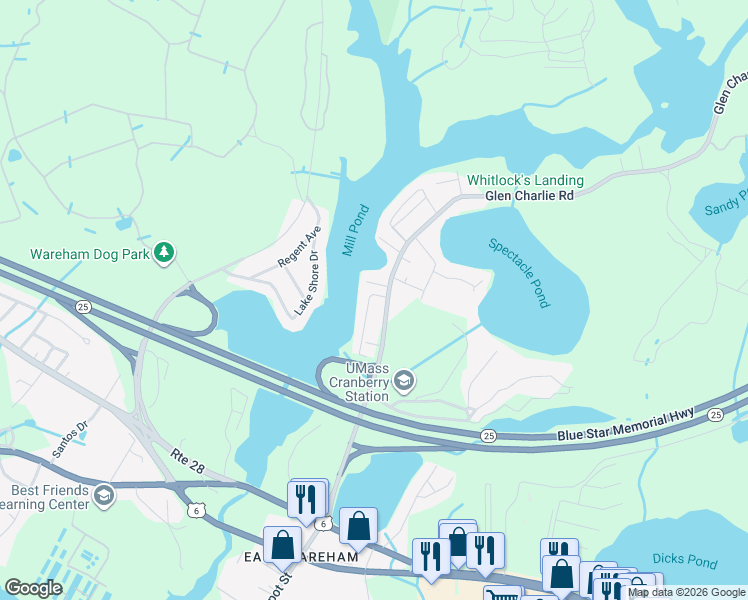 map of restaurants, bars, coffee shops, grocery stores, and more near 25 Lakeview Drive in Wareham