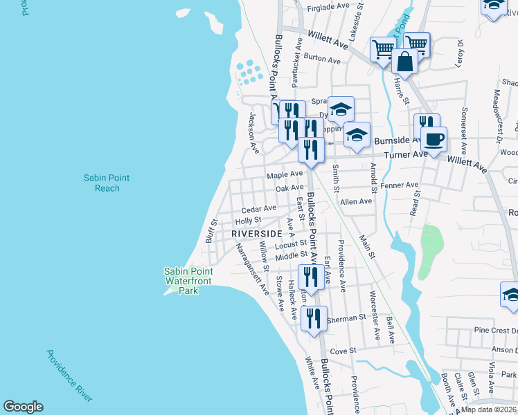 map of restaurants, bars, coffee shops, grocery stores, and more near 33 Linden Street in East Providence