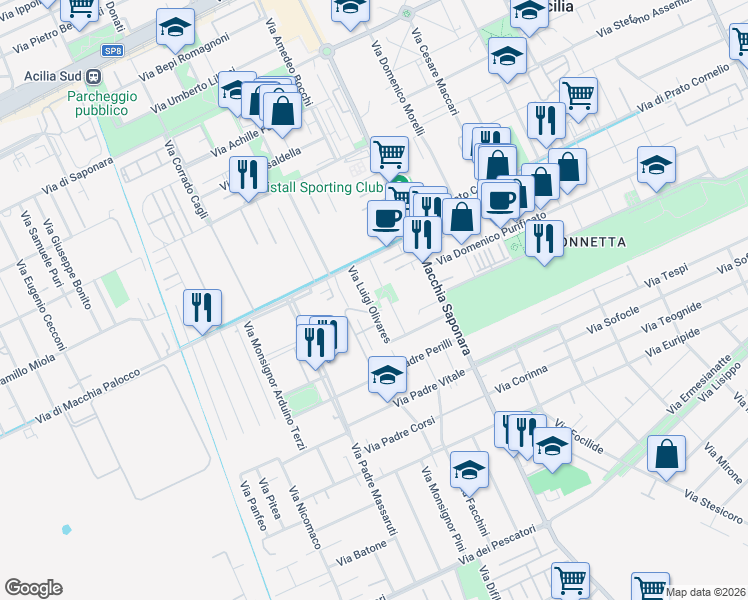 map of restaurants, bars, coffee shops, grocery stores, and more near 43 Via Luigi Olivares in Città metropolitana di Roma Capitale