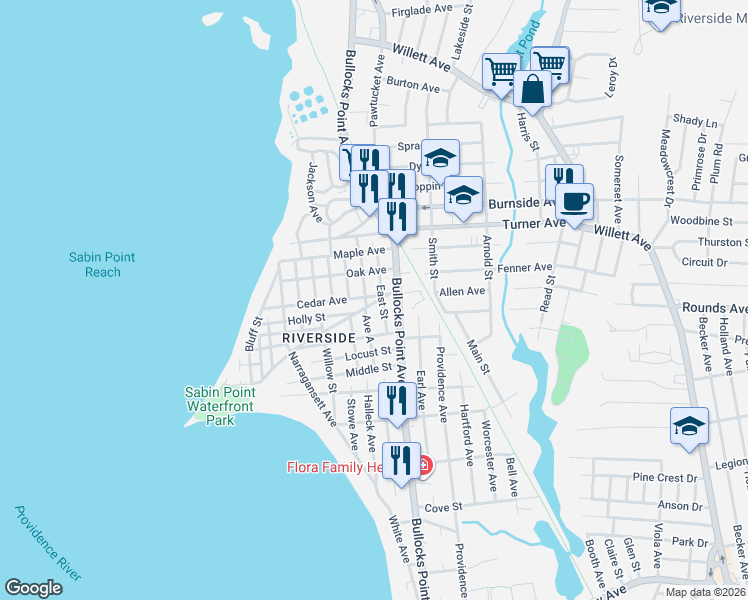 map of restaurants, bars, coffee shops, grocery stores, and more near 9 Cedar Avenue in East Providence