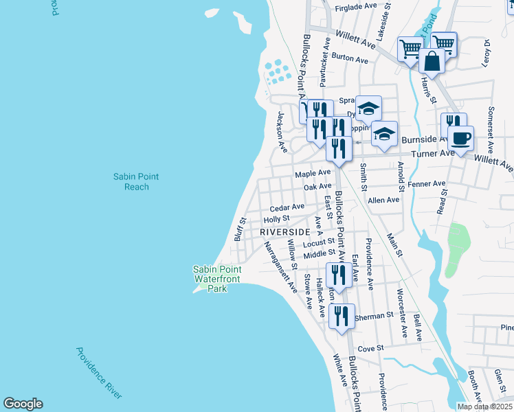 map of restaurants, bars, coffee shops, grocery stores, and more near 31 Bluff Street in East Providence