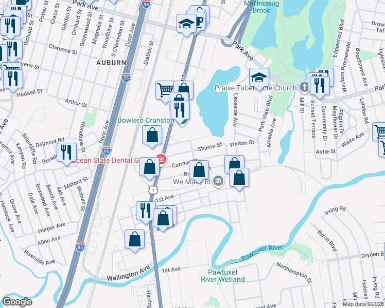 map of restaurants, bars, coffee shops, grocery stores, and more near 49 Sharon Street in Cranston