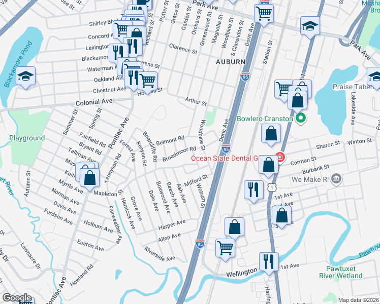 map of restaurants, bars, coffee shops, grocery stores, and more near 100 Broadmoor Road in Cranston