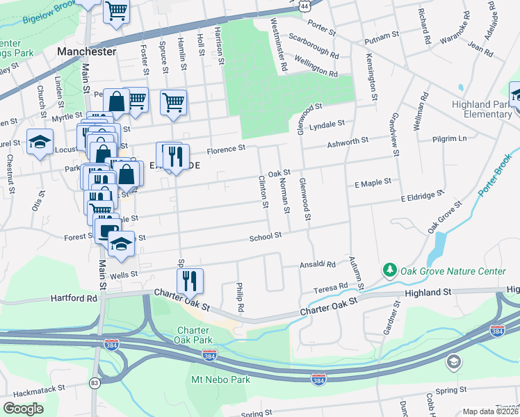 map of restaurants, bars, coffee shops, grocery stores, and more near 191 Maple Street in Manchester