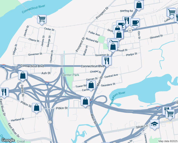 map of restaurants, bars, coffee shops, grocery stores, and more near 53 Connecticut Boulevard in East Hartford