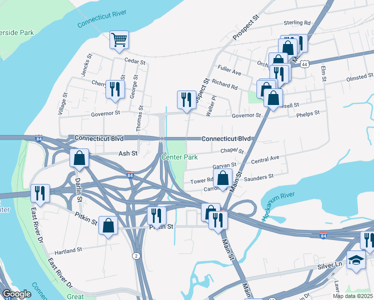 map of restaurants, bars, coffee shops, grocery stores, and more near 111 Connecticut Boulevard in East Hartford
