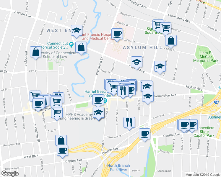 map of restaurants, bars, coffee shops, grocery stores, and more near 17 Marshall Street in Hartford
