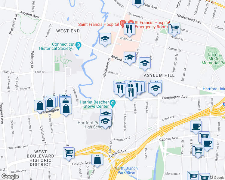 map of restaurants, bars, coffee shops, grocery stores, and more near 31 Gillett Street in Hartford