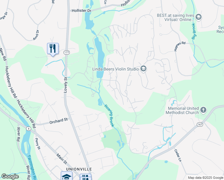 map of restaurants, bars, coffee shops, grocery stores, and more near 5 Haddam Drive in Avon