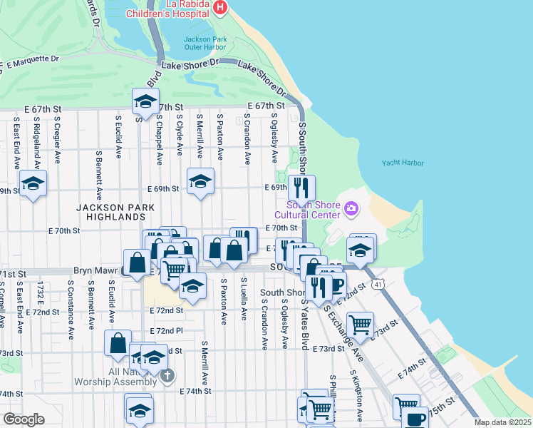 map of restaurants, bars, coffee shops, grocery stores, and more near 6926 South Oglesby Avenue in Chicago