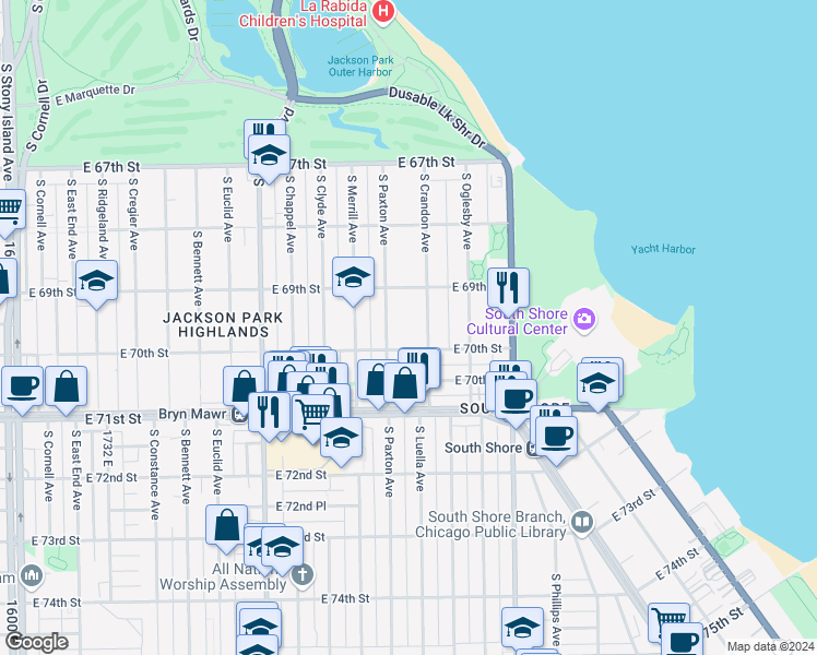 map of restaurants, bars, coffee shops, grocery stores, and more near 6928 South Crandon Avenue in Chicago