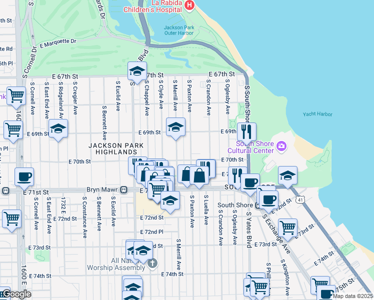 map of restaurants, bars, coffee shops, grocery stores, and more near 6917 South Paxton Avenue in Chicago