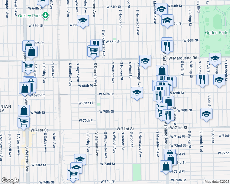 map of restaurants, bars, coffee shops, grocery stores, and more near 6842 South Honore Street in Chicago