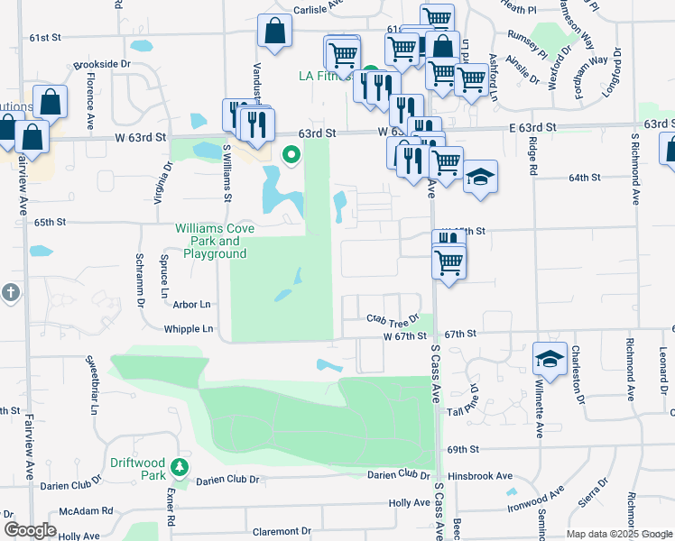 map of restaurants, bars, coffee shops, grocery stores, and more near 201 63rd Street in Westmont