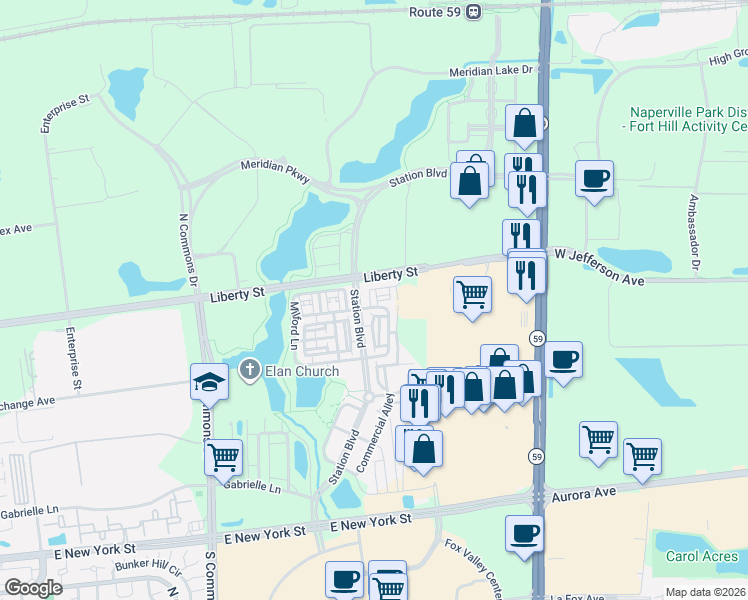 map of restaurants, bars, coffee shops, grocery stores, and more near 849 Station Boulevard in Aurora