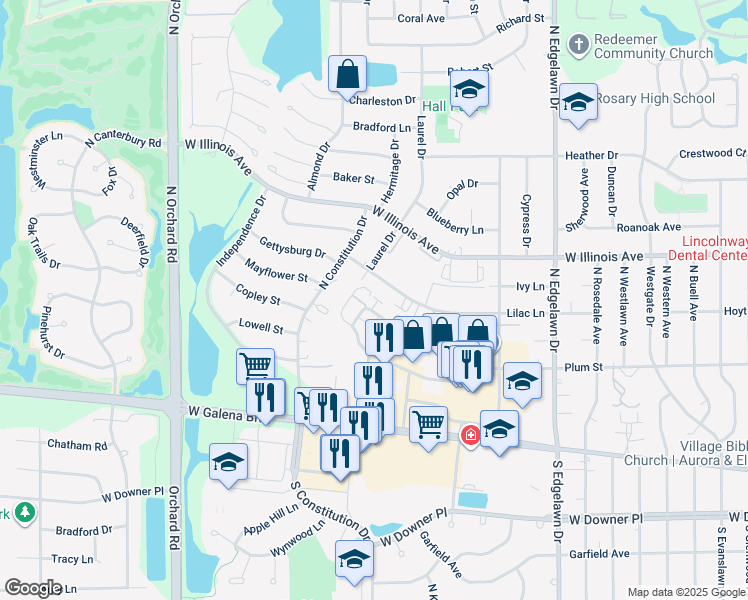 map of restaurants, bars, coffee shops, grocery stores, and more near 2080 Lilac Lane in Aurora