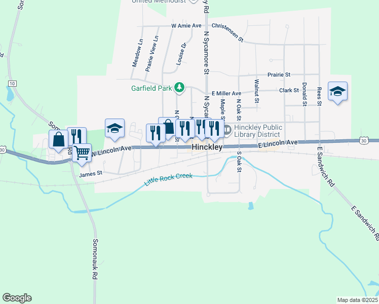 map of restaurants, bars, coffee shops, grocery stores, and more near 200 W Lincoln Highway in Hinckley