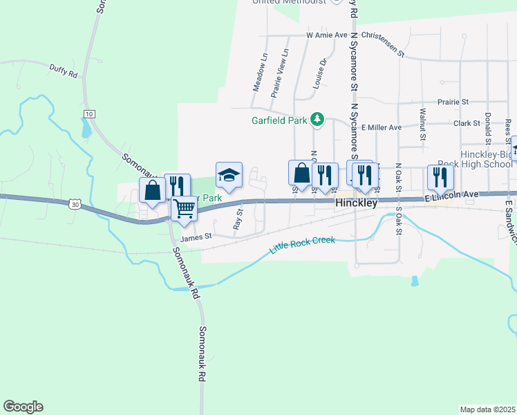 map of restaurants, bars, coffee shops, grocery stores, and more near 520 West Lincoln Avenue in Hinckley