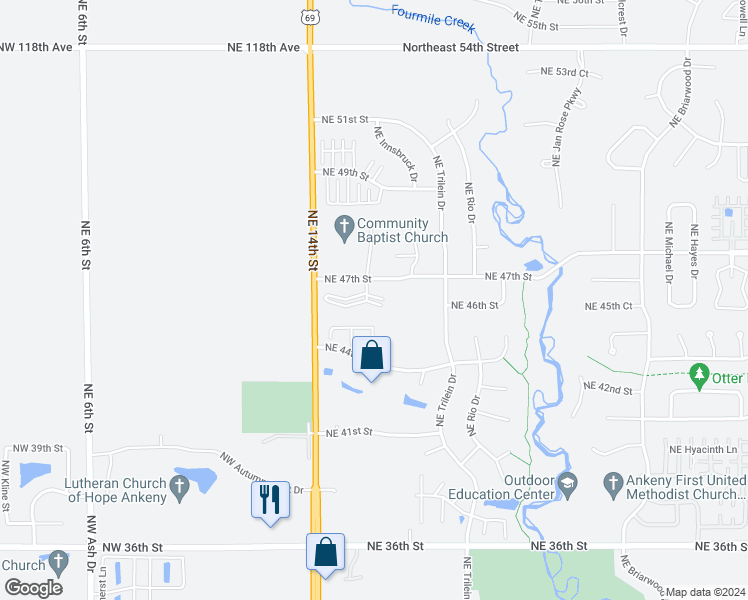 map of restaurants, bars, coffee shops, grocery stores, and more near 121 Northeast 46th Lane in Ankeny