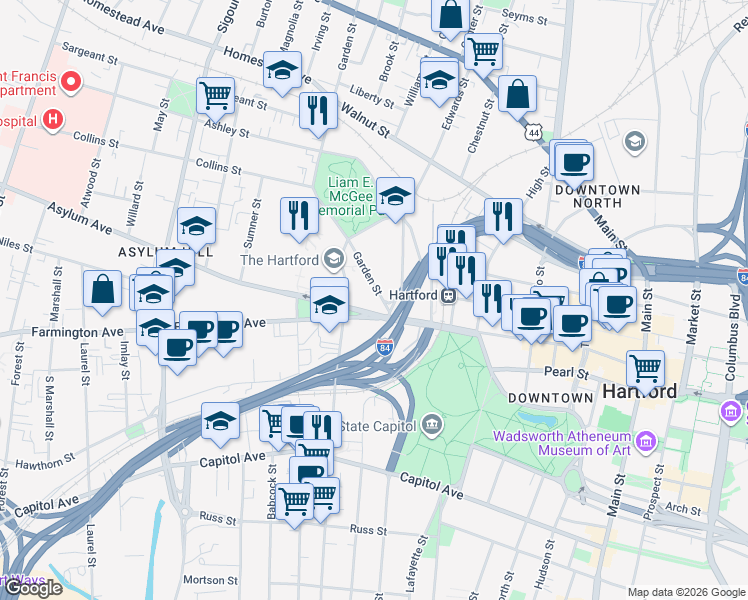 map of restaurants, bars, coffee shops, grocery stores, and more near 600 Asylum Avenue in Hartford