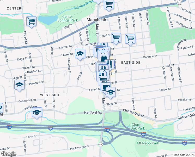 map of restaurants, bars, coffee shops, grocery stores, and more near 17 Garden Drive in Manchester