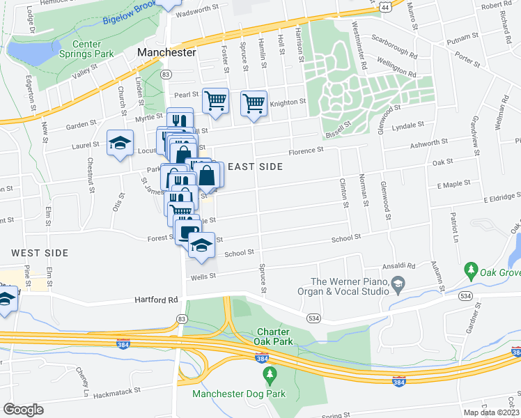 map of restaurants, bars, coffee shops, grocery stores, and more near 97 Maple Street in Manchester