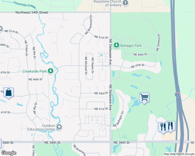 map of restaurants, bars, coffee shops, grocery stores, and more near 4519 Northeast Hayes Drive in Ankeny