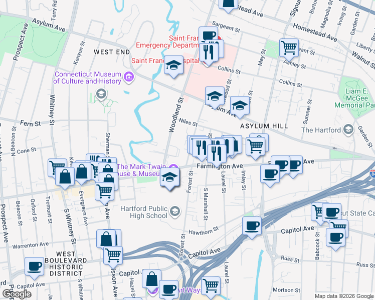 map of restaurants, bars, coffee shops, grocery stores, and more near 27 Gillett Street in Hartford